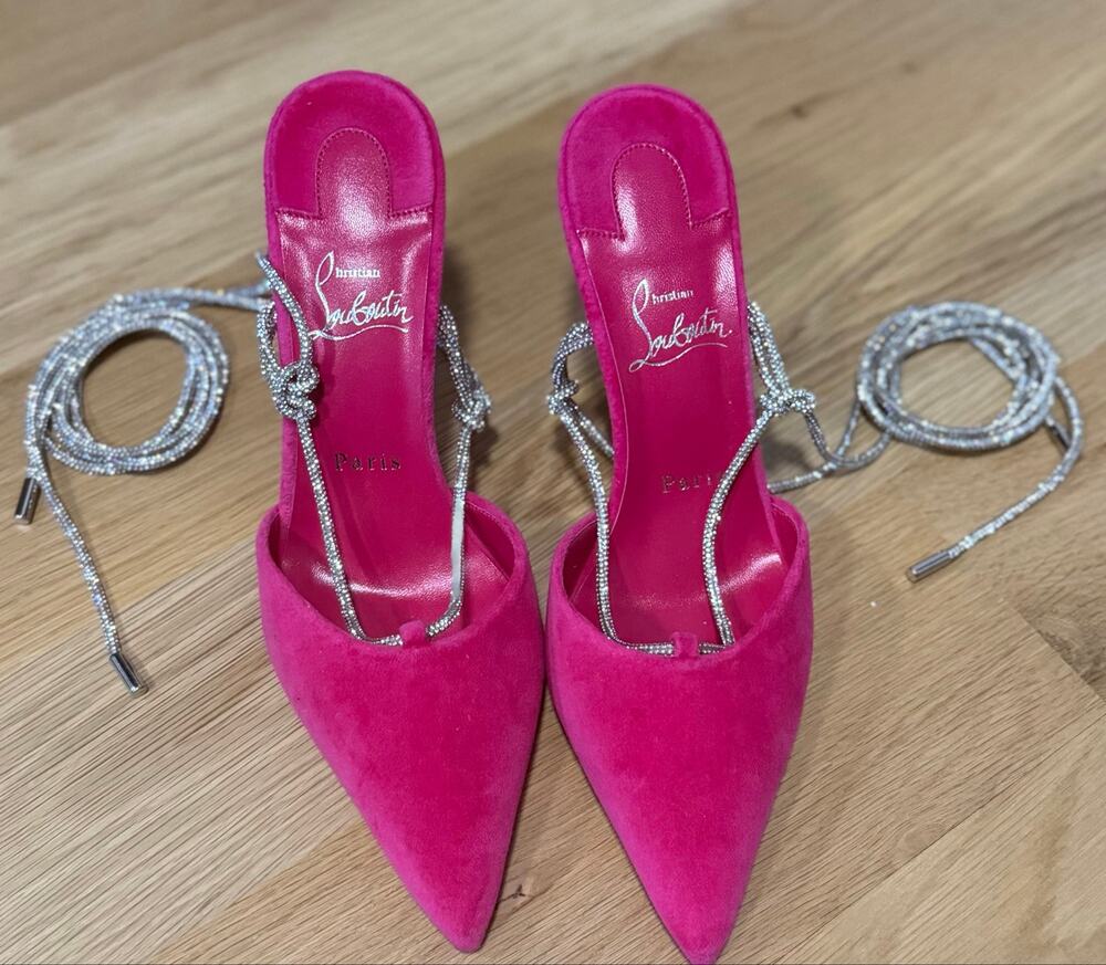 Christian Louboutin Astrid Lace Strass 85 Pink Velvet Pumps EU 37.5 MSRP $1595